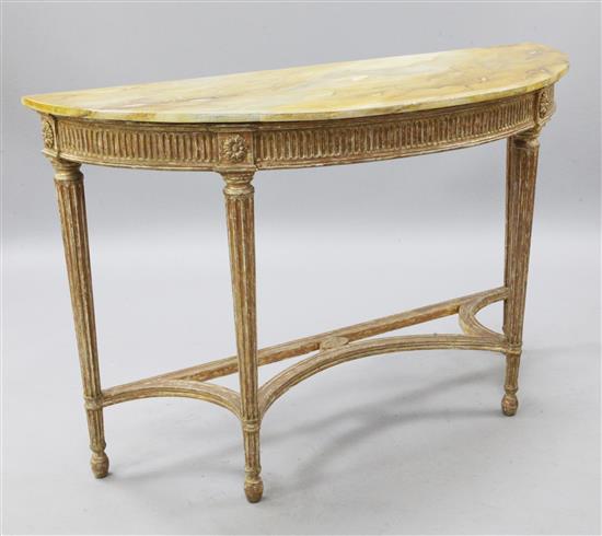An Adam style giltwood demi lune console table, W.4ft 2in.